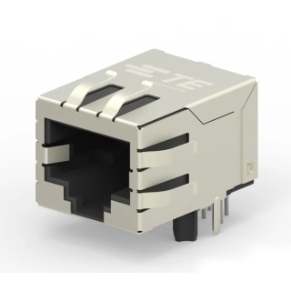 TE Connectivity 2031994 Series Connector Female, PCB Mount, Cat6 Nickel Plated Brass Shield Right Angle 2 Port 8 Way RJ45