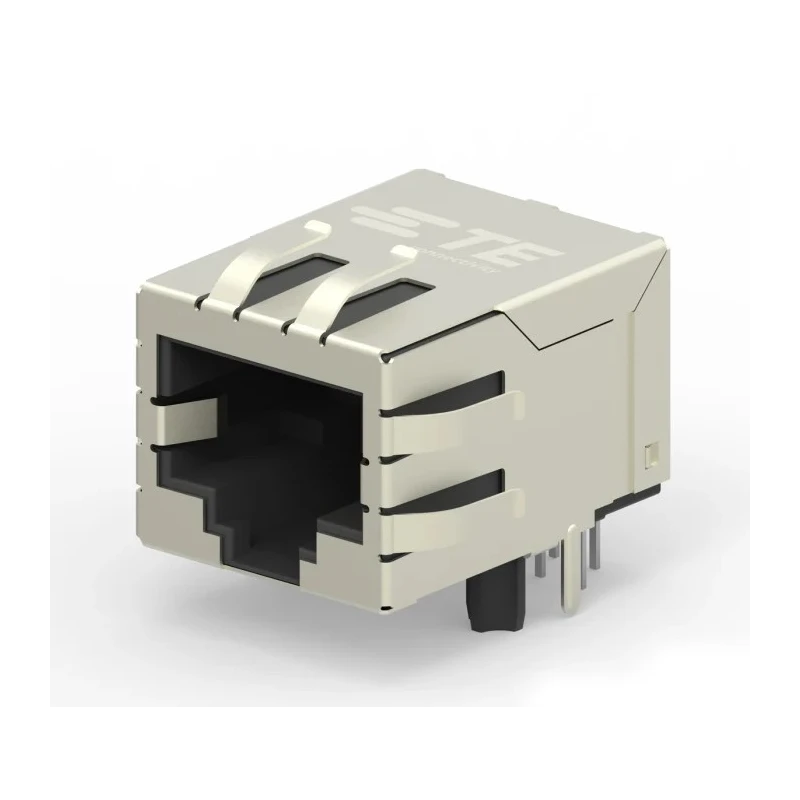 TE Connectivity 2031994 Series Connector Female, PCB Mount, Cat6 Nickel Plated Brass Shield Right Angle 2 Port 8 Way RJ45