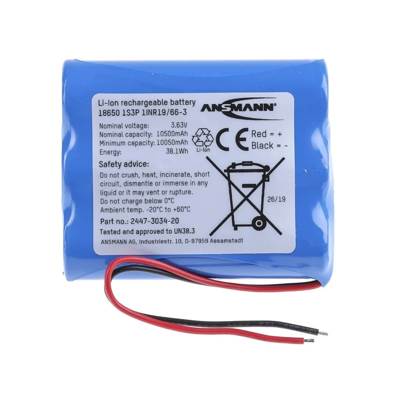 Ansmann 3.635 V Lithium-ion Rechargeable Battery Pack, 10.5 Ah, Wire Lead Terminal, Model 2447-3034-20-520