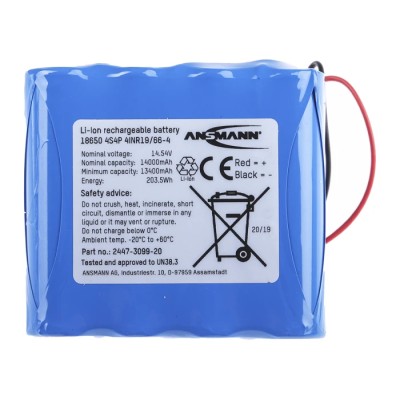 Ansmann 14.54 V Lithium-ion Rechargeable Battery Pack, 16 Cells, 14 Ah Capacity, Wire Termination 2447-3099-20-520