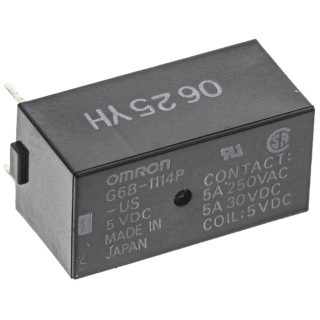 Omron PCB Power Relay 5V dc Coil, 5A Switching Current, SPST, Silver Alloy Contacts, Subminiature 20x10x10mm G6B-1114P-US 5DC