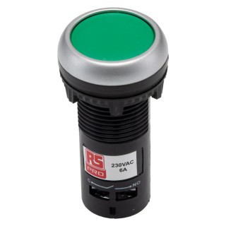 RS PRO Push Button Complete Unit Panel Mount 22 mm Cutout Green SPST Momentary Actuation IP65 145-0607