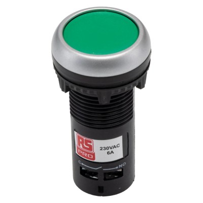 RS PRO Push Button Complete Unit Panel Mount 22 mm Cutout Green SPST Momentary Actuation IP65 145-0607