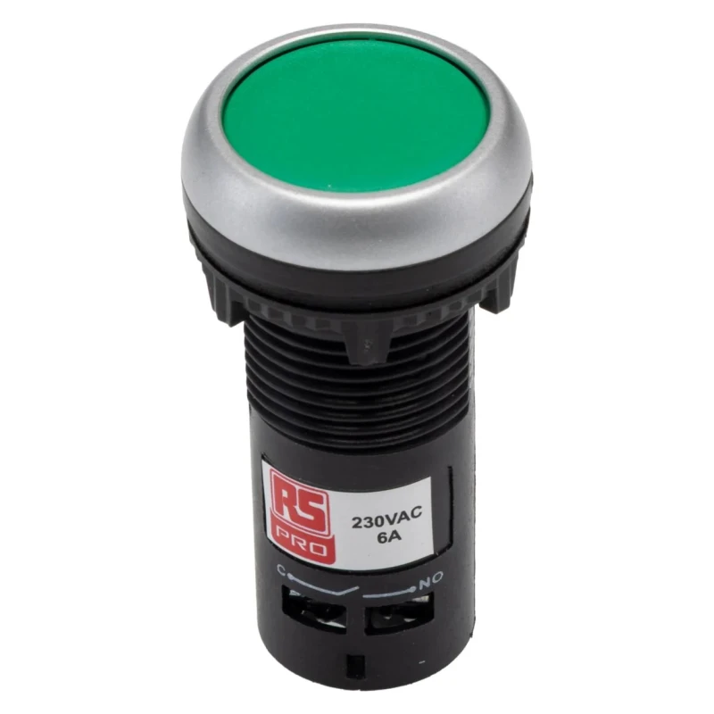 RS PRO Push Button Complete Unit Panel Mount 22 mm Cutout Green SPST Momentary Actuation IP65 145-0607