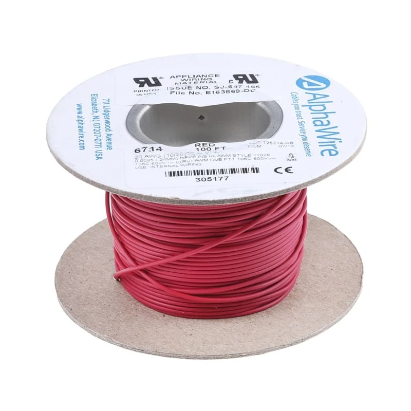 Alpha Wire Ecogen Ecowire Series Red 0.52 mm² 20 AWG Hook Up Wire, 10x0.25 mm Strands, 30 m Length, 600V, Flame 6714 RD005