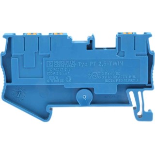 Phoenix Contact Feed Through Terminal Block PT 2.5-TWIN BU Series Blue, 24A, 800V, Push-in, 1-Level, ATEX 3209552