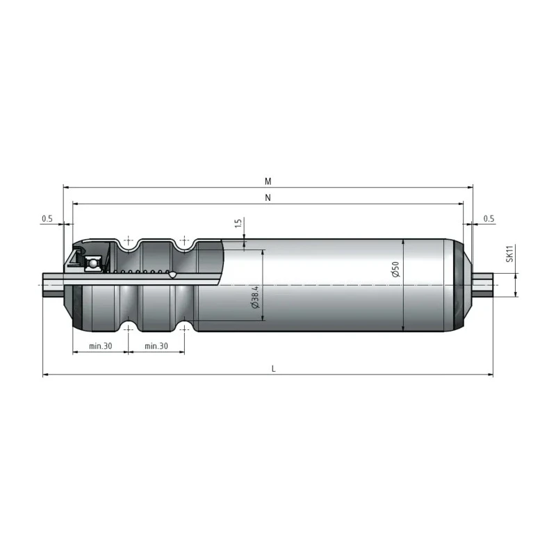 Interroll M5 Conveyor Roller, 50 mm Diameter x 500 mm Length, Zinc Plated Tube, Load Capacity 1210N, Thread Size 17X5JAEVAB