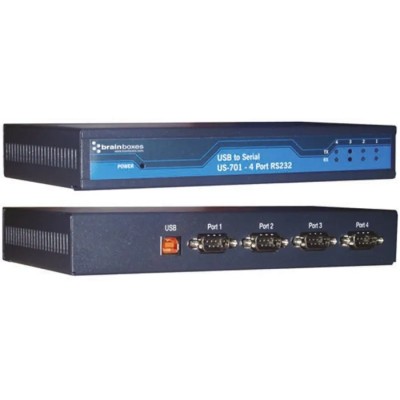 Brainboxes USB to Serial Interface Converter 4 Port, USB Type B to 4x DB9 Male Connectors, 921.6 kbps, Desktop Mount US-701