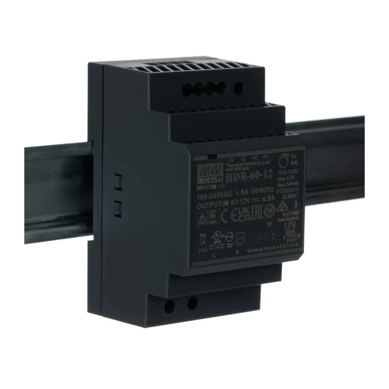 MEAN WELL Ultra Slim Switched Mode DIN Rail Power Supply 370 V dc, 264V ac AC/DC Input 12V dc, 4.5 A Output DC 54 W HDR-60-12