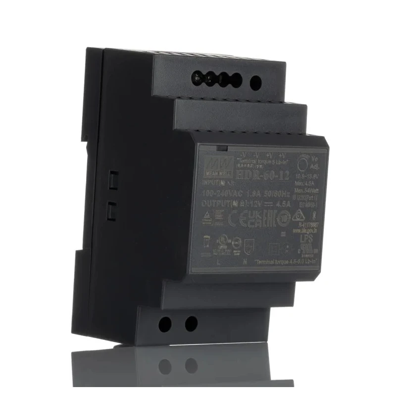 MEAN WELL Ultra Slim Switched Mode DIN Rail Power Supply 370 V dc, 264V ac AC/DC Input 12V dc, 4.5 A Output DC 54 W HDR-60-12