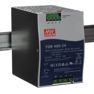 MEAN WELL TDR Switched Mode DIN Rail Power Supply 24V DC Output, 20A, 480W, AC/DC Input, 3 Phase TDR-480-24