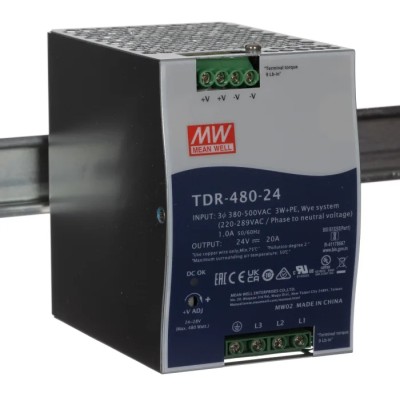 MEAN WELL TDR Switched Mode DIN Rail Power Supply 24V DC Output, 20A, 480W, AC/DC Input, 3 Phase TDR-480-24