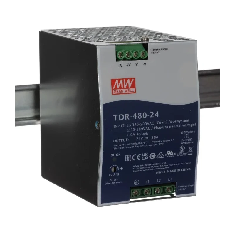 MEAN WELL TDR Switched Mode DIN Rail Power Supply 24V DC Output, 20A, 480W, AC/DC Input, 3 Phase TDR-480-24