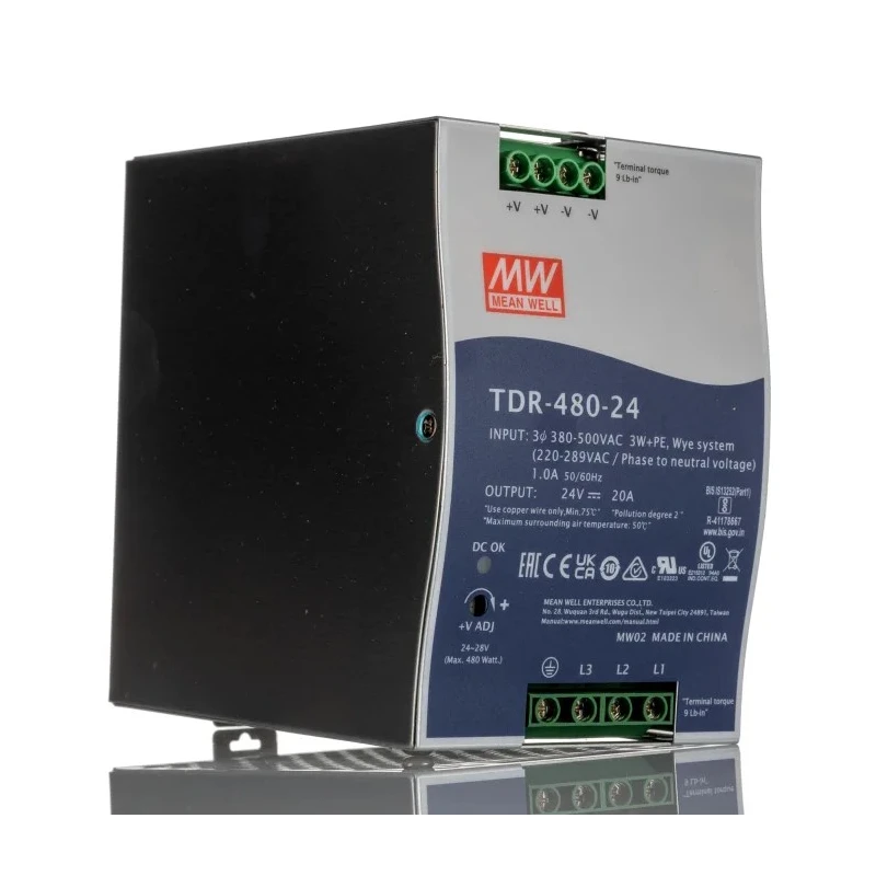 MEAN WELL TDR Switched Mode DIN Rail Power Supply 24V DC Output, 20A, 480W, AC/DC Input, 3 Phase TDR-480-24