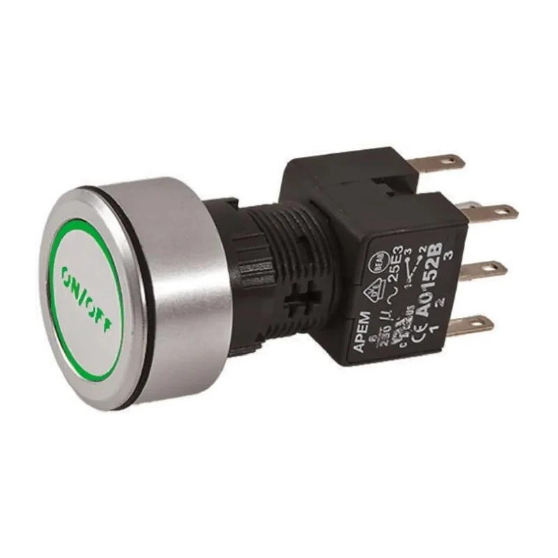 APEM Illuminated Push Button Switch, Latching, Panel Mount, 16 mm Cutout, DPDT, Green LED, IP65, 250 V ac A1PCA1X236J203