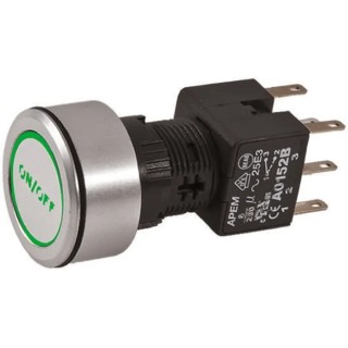 APEM Illuminated Push Button Switch, Latching, Panel Mount, 16 mm Cutout, DPDT, Green LED, IP65 A1PCA1X236K203