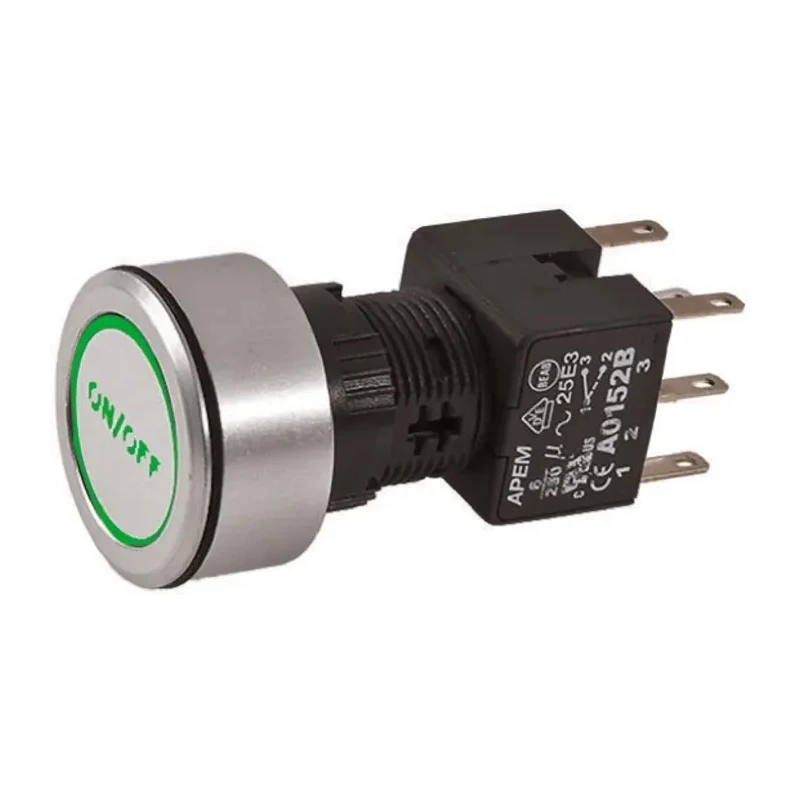 APEM Illuminated Push Button Switch, Latching, Panel Mount, 16 mm Cutout, DPDT, Green LED, IP65 A1PCA1X236K203