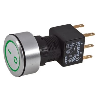 APEM A1 Series Illuminated Push Button Switch, Latching, Panel Mount, 16 mm Cutout, DPDT, Green LED, IP65 A1PCA1X250J203