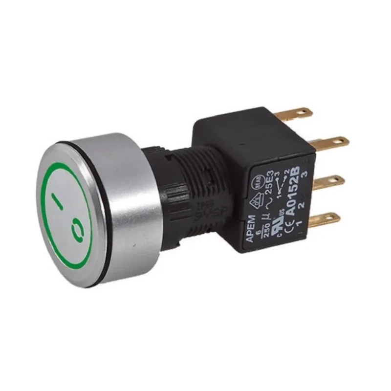 APEM A1 Series Illuminated Push Button Switch, Latching, Panel Mount, 16 mm Cutout, DPDT, Green LED, IP65 A1PCA1X250J203