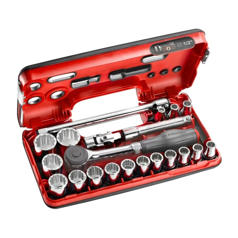 Facom 21-Piece 1/2 in Drive 12 Point Socket Set Chrome Vanadium Steel Bright Chrome Finish S.360DBOX112