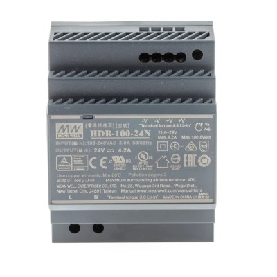 MEAN WELL Ultra Slim Switched Mode DIN Rail Power Supply 1 Phase AC/DC Input 85V to 370V, 24V DC 4.2A Output HDR-100-24N