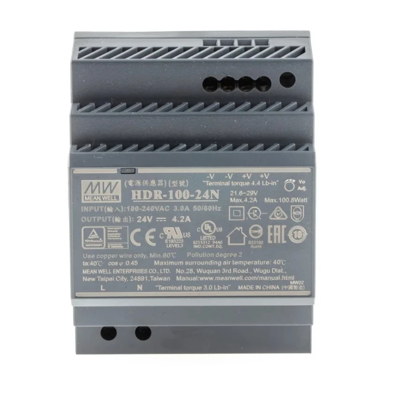 MEAN WELL Ultra Slim Switched Mode DIN Rail Power Supply 1 Phase AC/DC Input 85V to 370V, 24V DC 4.2A Output HDR-100-24N