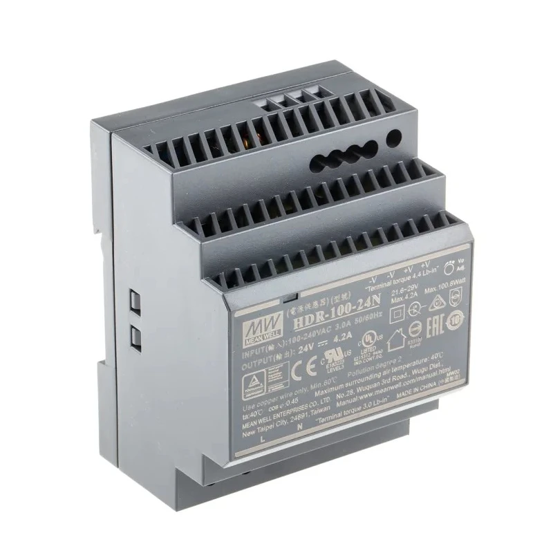 MEAN WELL Ultra Slim Switched Mode DIN Rail Power Supply 1 Phase AC/DC Input 85V to 370V, 24V DC 4.2A Output HDR-100-24N