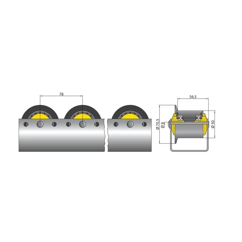 Interroll Polyamide Round Conveyor Roller Flange 50 mm Diameter x 65 mm Length, 300 N Dynamic Load, 8 mm Round Spindle 2910