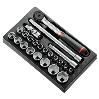 Facom 23-Piece 1/2 in 6 Point Socket Set MOD.S161-36, Chrome Vanadium Steel, Bright Chrome Finish, 3.025 kg