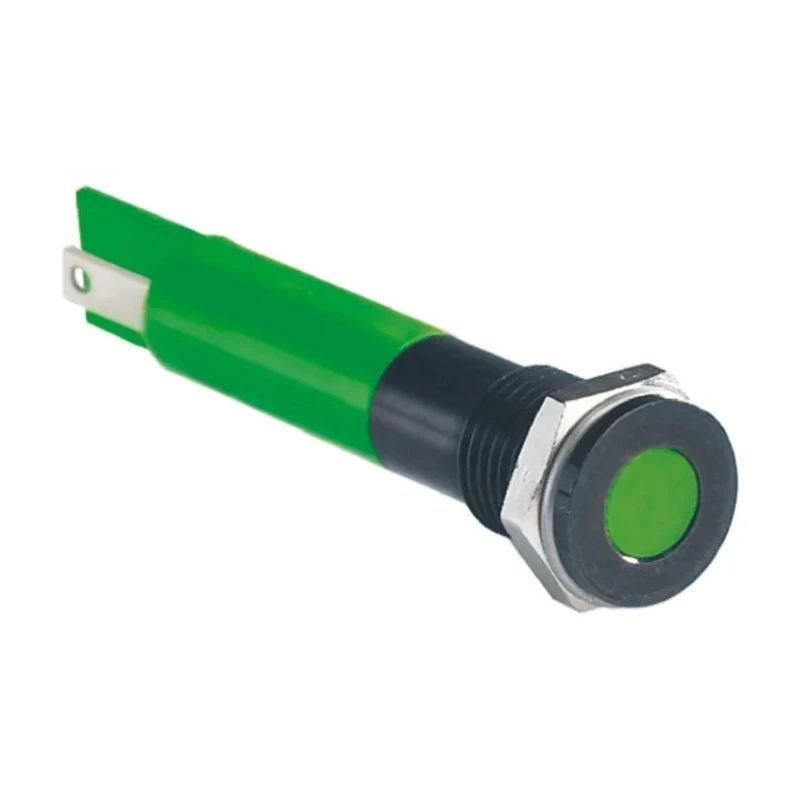 RS PRO Green Panel Mount Indicator 12V dc 20mA IP67 Flush Bezel 6mm Mount Hole 27mm Length 700-1615