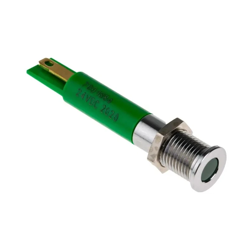 RS PRO Green Panel Mount Indicator, 24V dc, 20mA, IP67, Flush Silver Bezel, Solder Tab Termination 700-1684