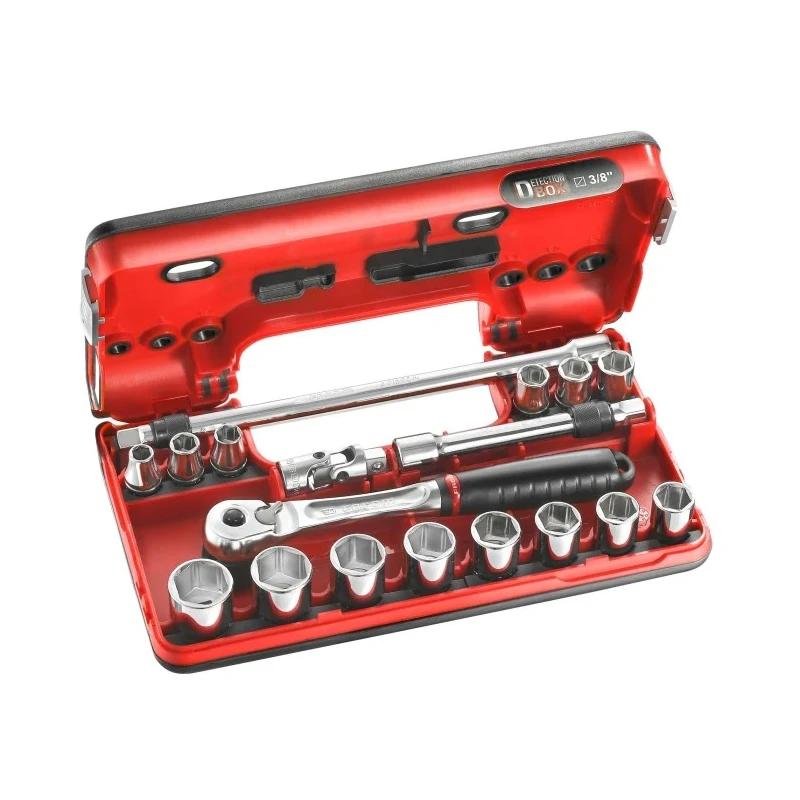 Facom 18-Piece 3/8 in 6 Point Socket Set JL.DBOX500, Chrome Vanadium Steel, Bright Chrome Finish