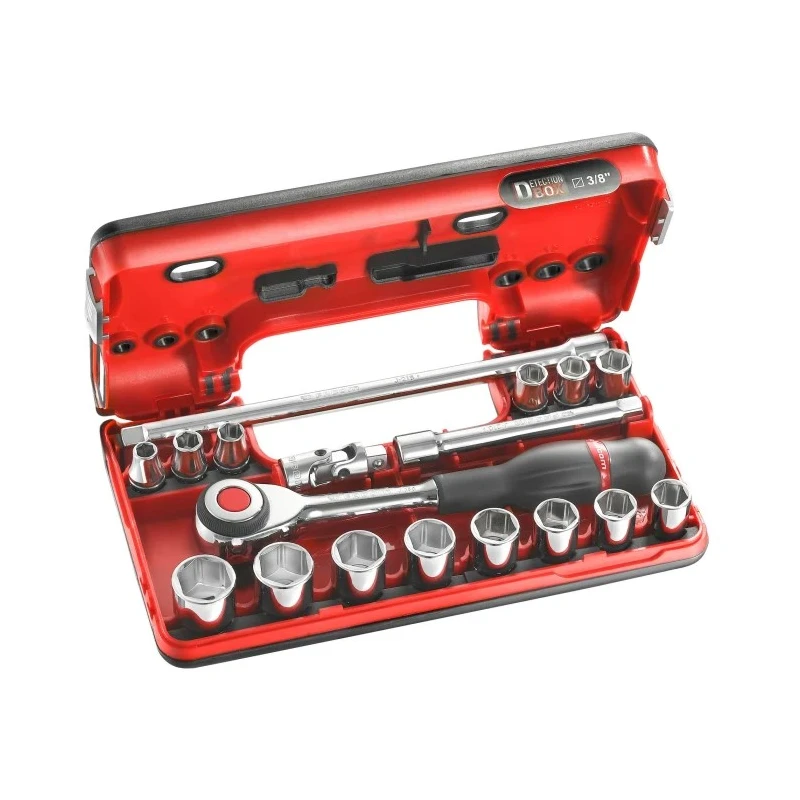 Facom 18-Piece 3/8 in 6 Point Socket Set J.360DBOX1 Chrome Vanadium Steel, Bright Chrome Finish