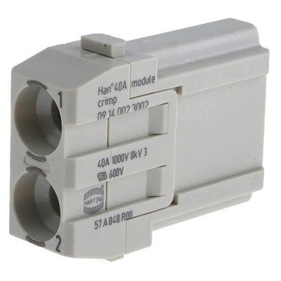 HARTING Heavy Duty Power Connector Module HAN Modular Series, Male, 2 Contacts, 40A, 1kV, Polycarbonate 09140023002