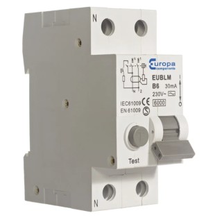Europa Residual Current Circuit Breaker with Overload Protection 40A Current Rating 2-Pole 30mA Trip Sensitivity EUBLMC40C30A