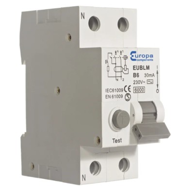 Europa Residual Current Circuit Breaker with Overload Protection 40A Current Rating 2-Pole 30mA Trip Sensitivity EUBLMC40C30A