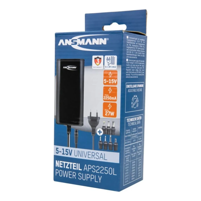 Ansmann AC/DC Adapter with Multiple Hollow and Jack Plugs 27W, 2m Cable, Adjustable Output Voltage 5-15V 5311133-UK