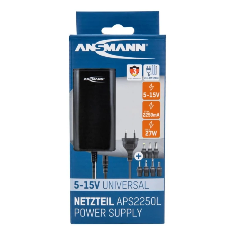 Ansmann AC/DC Adapter with Multiple Hollow and Jack Plugs 27W, 2m Cable, Adjustable Output Voltage 5-15V 5311133-UK