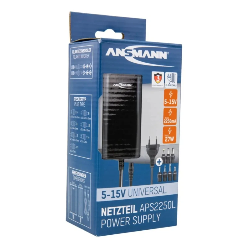 Ansmann AC/DC Adapter with Multiple Hollow and Jack Plugs 27W, 2m Cable, Adjustable Output Voltage 5-15V 5311133-UK
