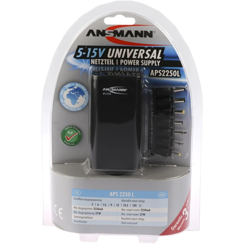 Ansmann AC/DC Adapter with Multiple Hollow and Jack Plugs 27W, 2m Cable, Adjustable Output Voltage 5-15V 5311133-UK