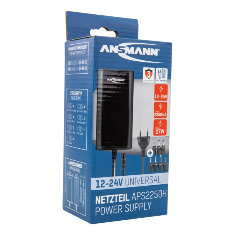 Ansmann AC/DC Adapter 27W Multi-Voltage Output with 2-Pin EU and 3-Pin UK Converter Plug 5311143-UK