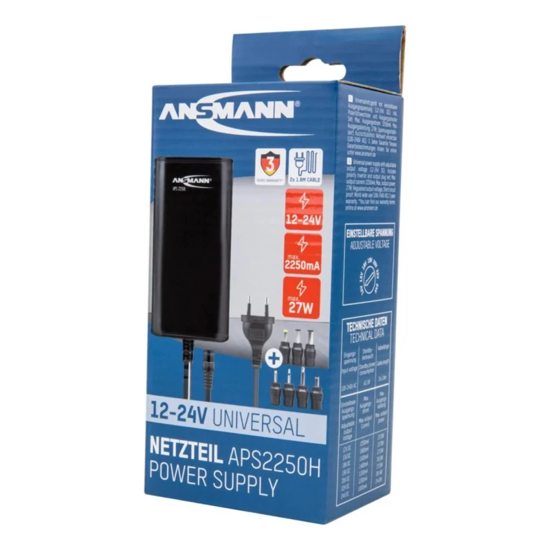 Ansmann AC/DC Adapter 27W Multi-Voltage Output with 2-Pin EU and 3-Pin UK Converter Plug 5311143-UK