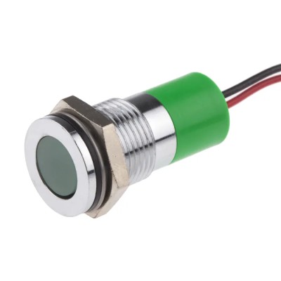 RS PRO Green Panel Mount Indicator, 12V dc, 20mA, Lead Wire Termination, IP67, Flush Bezel Silver 703-8920