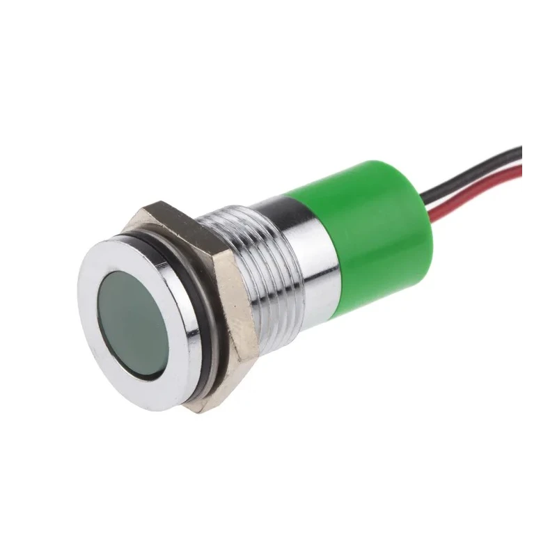 RS PRO Green Panel Mount Indicator, 12V dc, 20mA, Lead Wire Termination, IP67, Flush Bezel Silver 703-8920