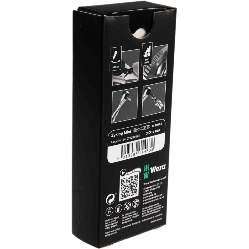 Wera Zyklop 1/4 in Ratchet with Ratchet Handle, Steel, 87mm Overall Length, Hex Drive Type, 126g Lightweight 05073230001