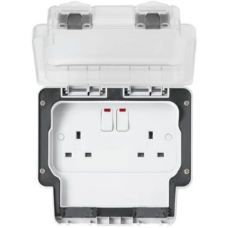 MK Electric 13A White 2 Gang Plug Socket Indoor & Outdoor Type G British K56488WHI