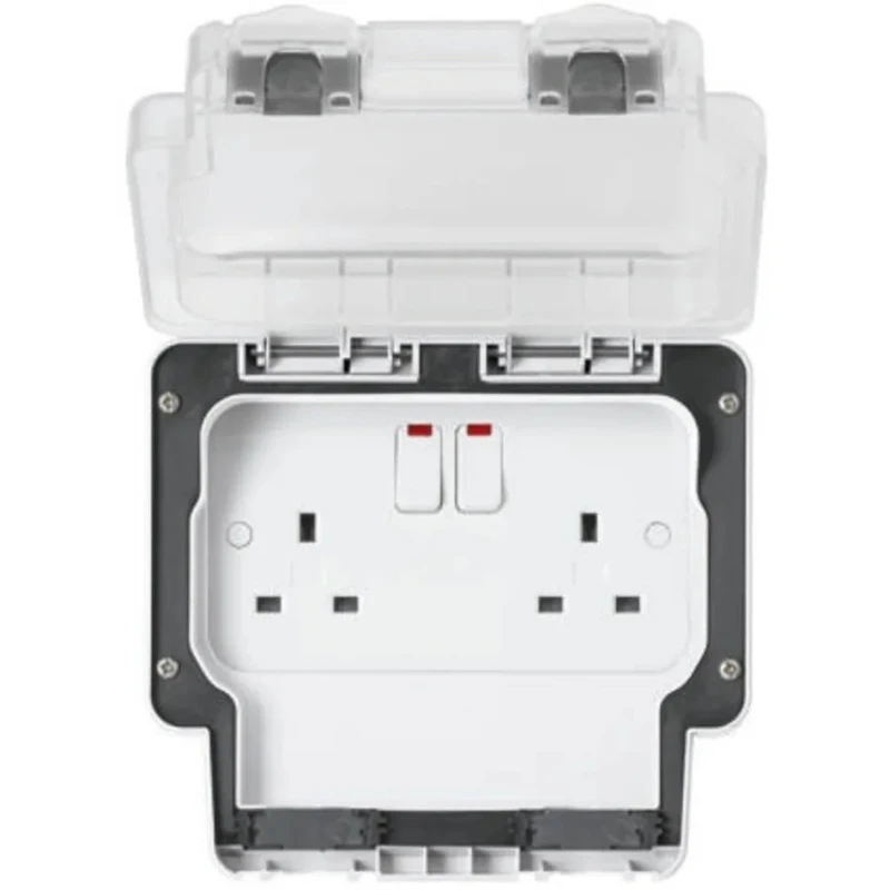 MK Electric 13A White 2 Gang Plug Socket Indoor & Outdoor Type G British K56488WHI