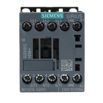 Siemens 3RT2 Contactor, 230V AC Coil, 3-Pole, 7 A, 3 kW Power Rating, 3 NO, 400V AC Contact Voltage 3RT2015-1AP01