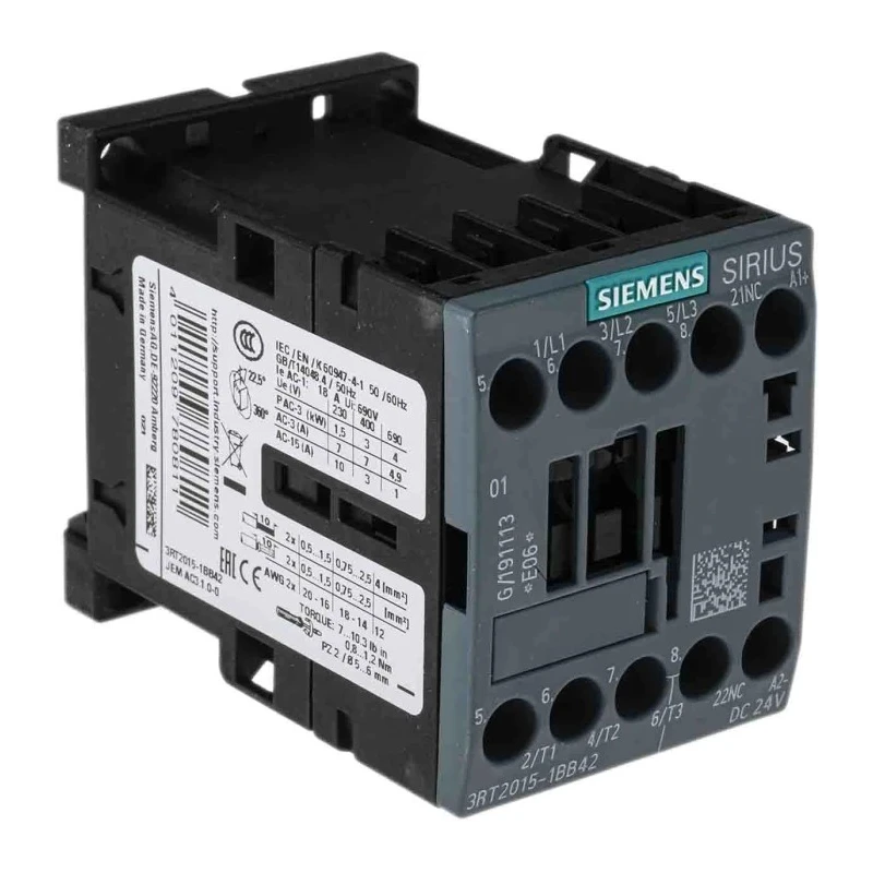 Siemens 3RT2 Contactor 3RT2015-1BB42, 24V DC Coil, 3-Pole, 7 A, 3 kW, 3 NO, 400V AC
