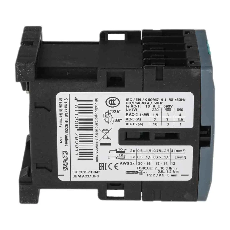 Siemens 3RT2 Contactor 3RT2015-1BB42, 24V DC Coil, 3-Pole, 7 A, 3 kW, 3 NO, 400V AC